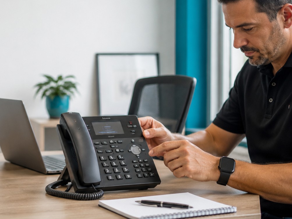 Technician configuring a desk phone