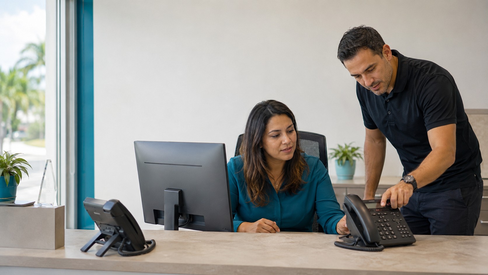 Office user receiving help with a business desk phone